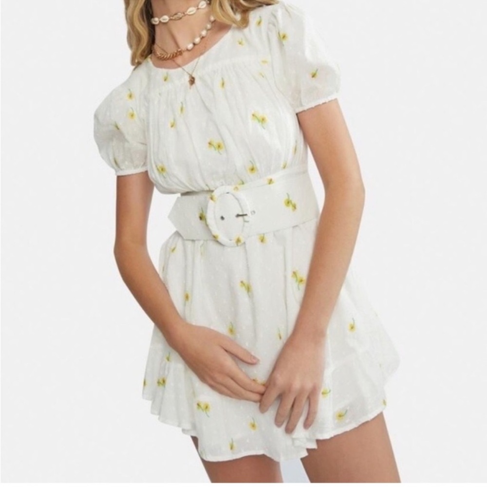 For Love and Lemons White Floral Mini Dress with Belt